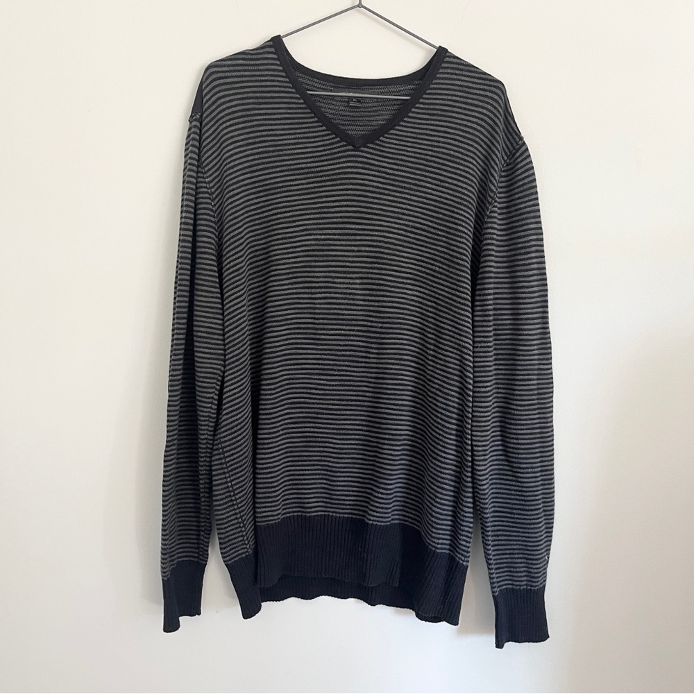 John Varvatos Grey Striped V Neck Linen Blend Knit Elbow Patch Sweater